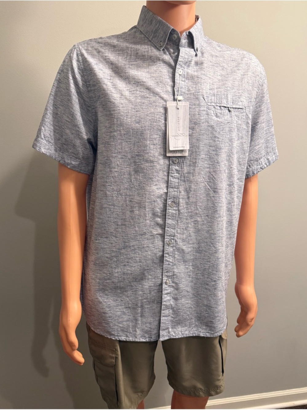 Denim & Flower Ricky Singh premium Melange Short-Sleeve Button-Down Shirt NWT L
